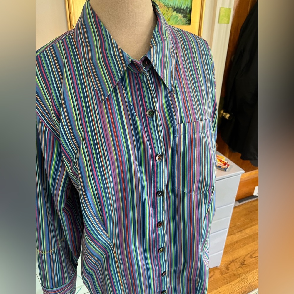 Liz Claiborne Striped Rainbow Blouse L Yellow Stitching VGUC Modern Arty - Picture 3 of 5